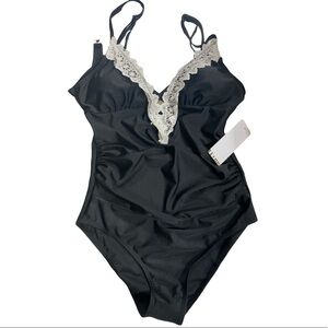 One-Piece Lace Trimmed Dark Goth Maternity Swimsuit Black V-Neck Size Me…